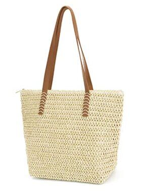 Large Straw Beach Tote Bag with Zipper, Woven Summer Shoulder Bag for Travel